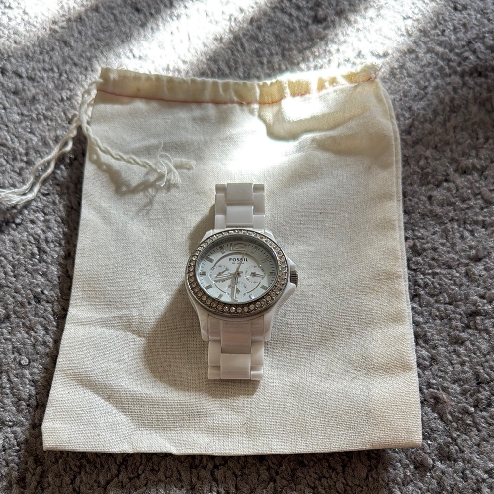 Fossil Ceramic White Watch with Crystal Accents